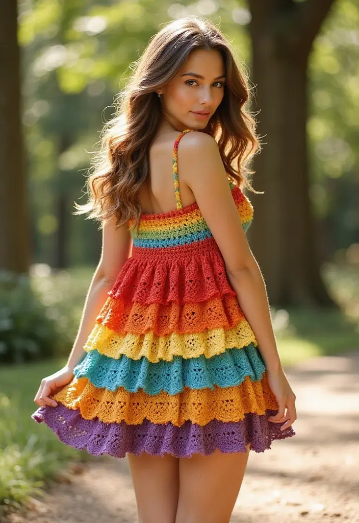 25 Adorable Crochet Baby Dress Free Pattern Inspirations with Photos - 6. Rainbow Ruffle Dress