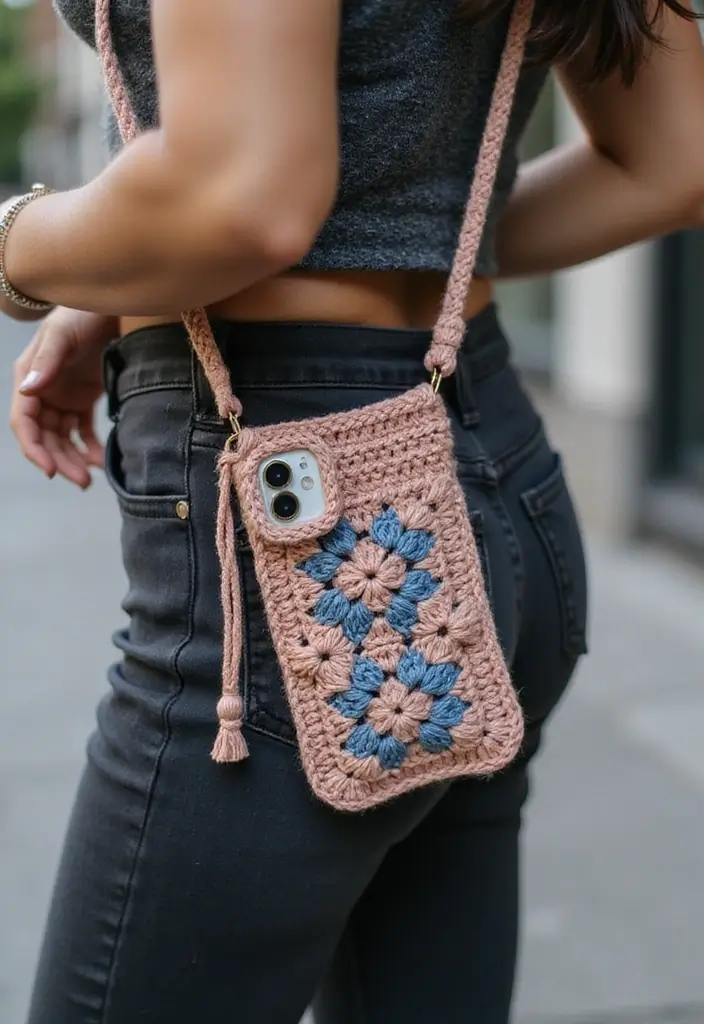 25 Chic DIY Bags from Crochet Bag Pattern Free with Image Tutorials - 16. The Trendy Phone Bag