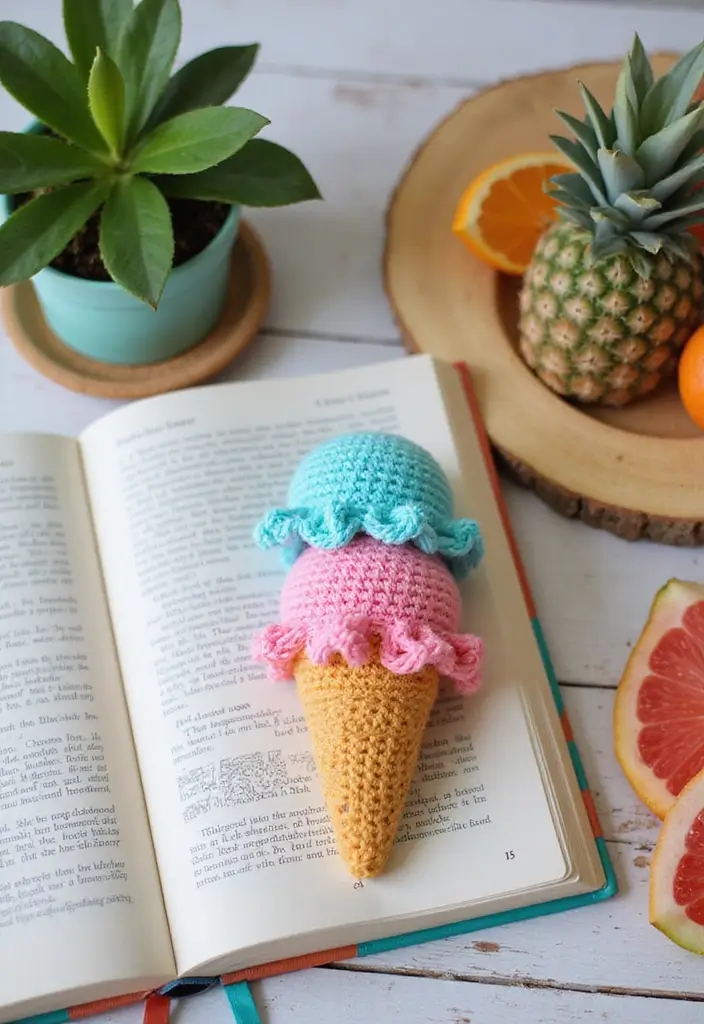 25 Cute Bookmark Crafts with Crochet Bookmarks Free Patterns - 18. Delightful Ice Cream Cone Bookmark