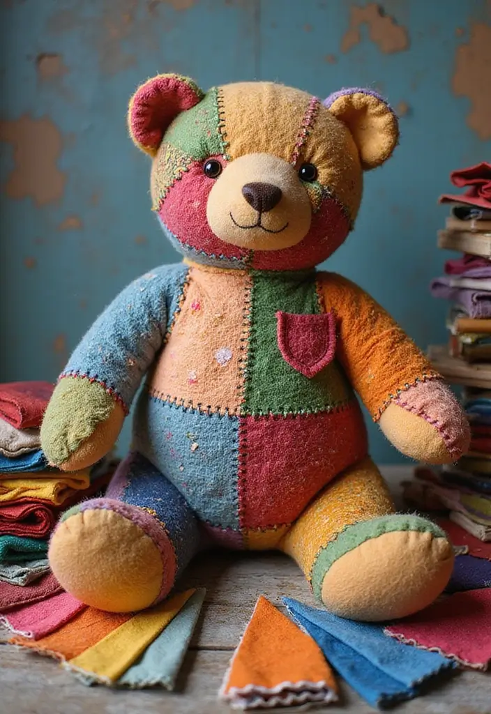 25 Cute Gift Ideas from Crochet Teddy Bear Pattern Free with Soft Yarn Colors - 20. Creative Patchwork Bear
