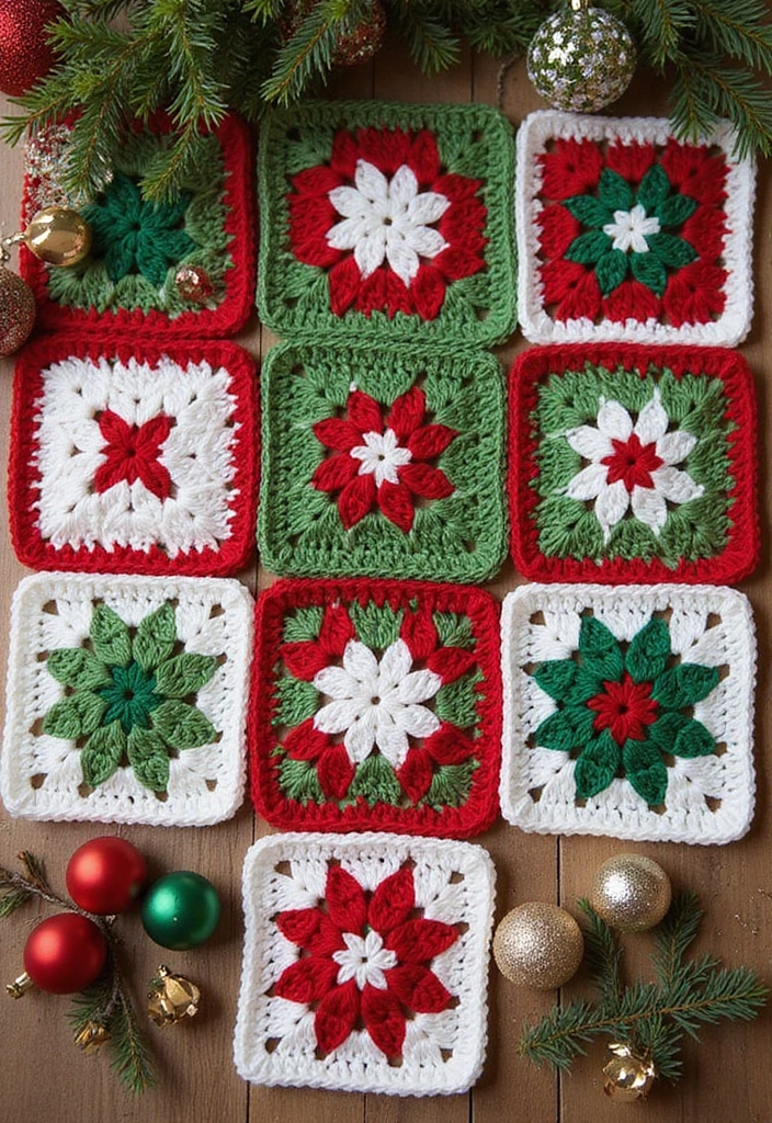 25 Inspiring Granny Square Crochet Patterns Free with Colorful Layout Examples - 10. Holiday-Themed Granny Squares