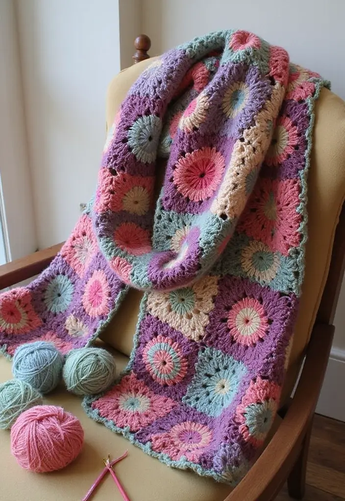 25 Inspiring Granny Square Crochet Patterns Free with Colorful Layout Examples - 11. Granny Square Scarves