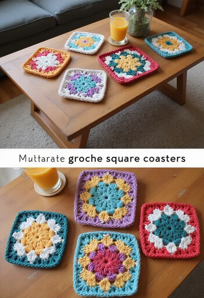 25 Inspiring Granny Square Crochet Patterns Free with Colorful Layout Examples - 14. Granny Square Coasters