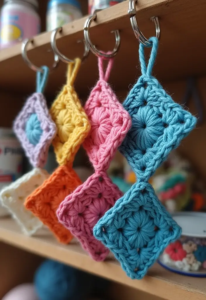 25 Inspiring Granny Square Crochet Patterns Free with Colorful Layout Examples - 20. Granny Square Keychains
