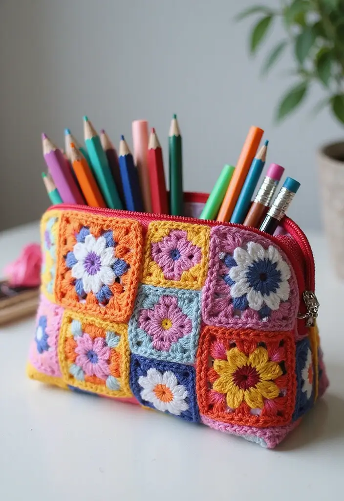 25 Inspiring Granny Square Crochet Patterns Free with Colorful Layout Examples - 21. Granny Square Pencil Cases