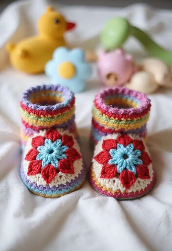 25 Inspiring Granny Square Crochet Patterns Free with Colorful Layout Examples - 22. Granny Square Baby Booties