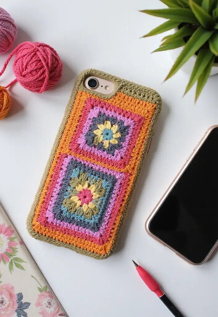 25 Inspiring Granny Square Crochet Patterns Free with Colorful Layout Examples - 23. Granny Square Phone Cases