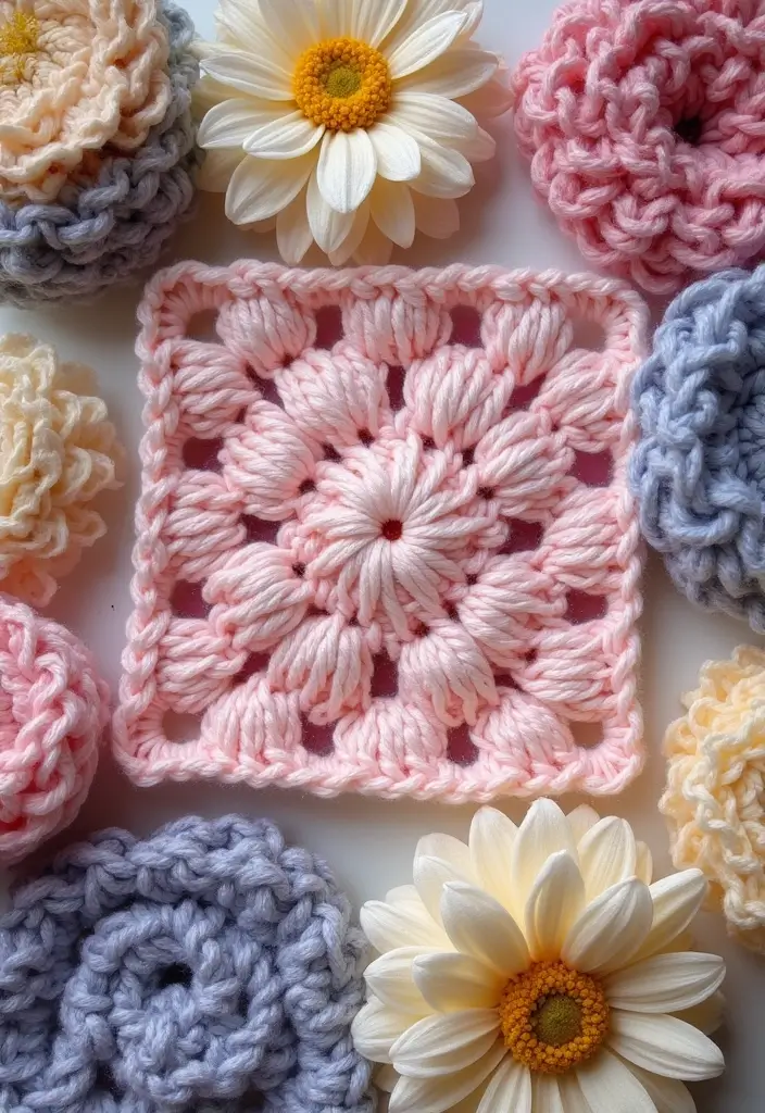 25 Inspiring Granny Square Crochet Patterns Free with Colorful Layout Examples - 3. Floral Granny Squares