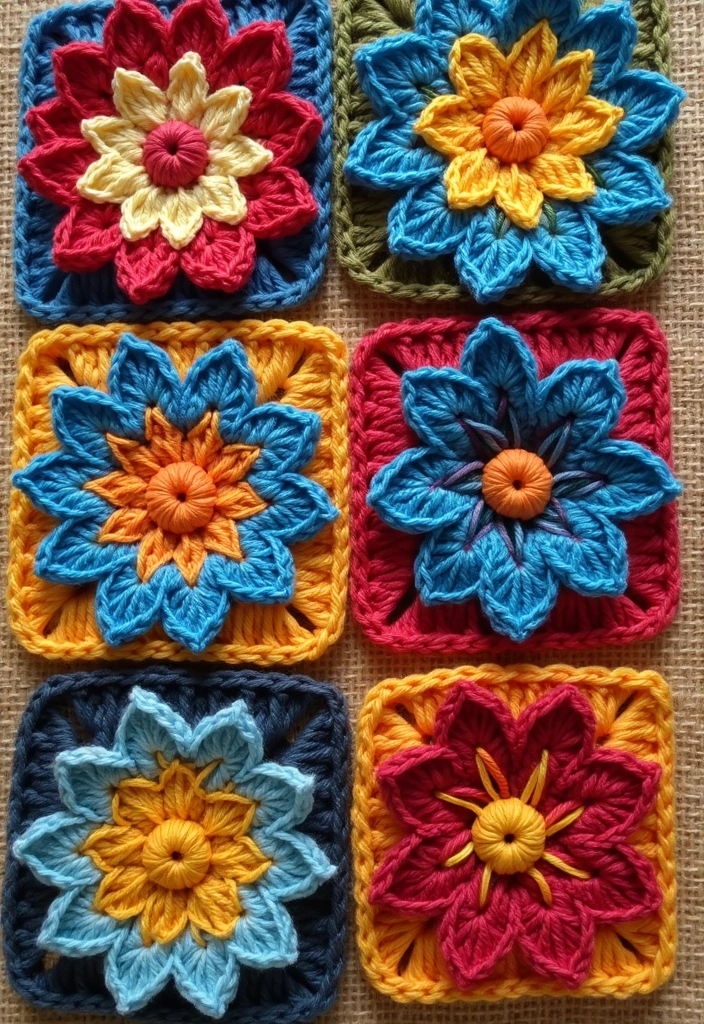 25 Inspiring Granny Square Crochet Patterns Free with Colorful Layout Examples - 4. African Flower Granny Squares