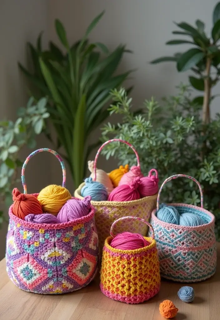 25 Inspiring Granny Square Crochet Patterns Free with Colorful Layout Examples - 7. Granny Square Baskets
