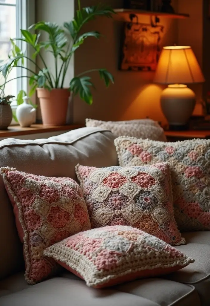 25 Inspiring Granny Square Crochet Patterns Free with Colorful Layout Examples - 8. Granny Square Pillow Covers