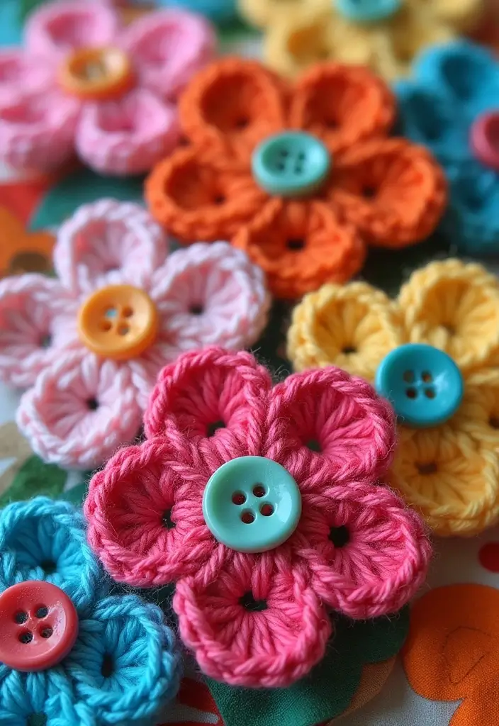 25 Lovely Blooms from Crochet Flowers Free Pattern 🌼 - 10. Fun Flowers with Buttons