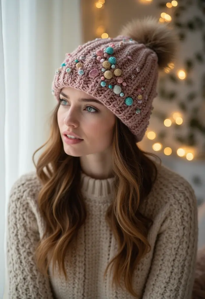25 Stylish Winter Looks Using Crochet Hats: Free Patterns for Kids - 25. The Beaded Hat: Sparkle and Shine