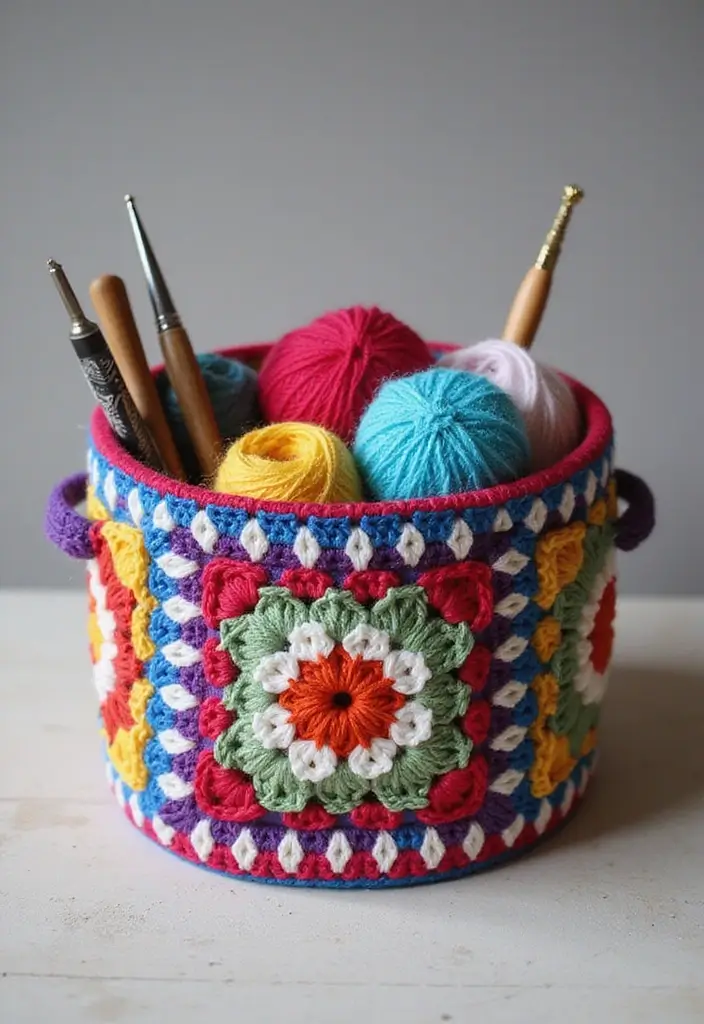 30 Beautiful Ideas for Granny Square Crochet Patterns - 27. Granny Square Container