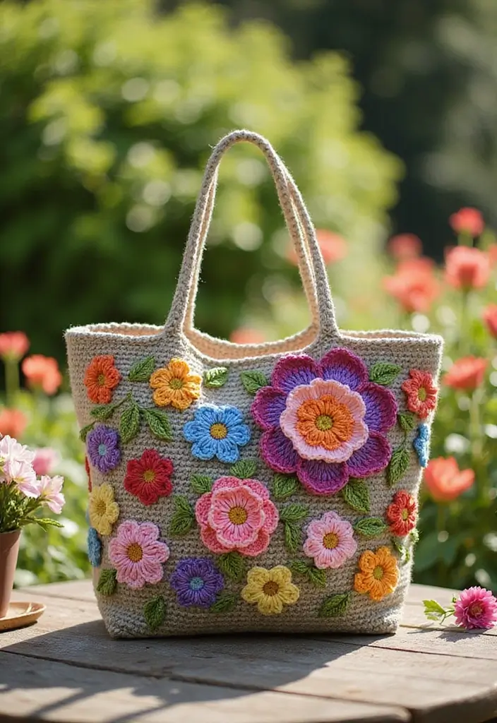 30 Chic DIY Crochet Tote Bags Free Patterns with Step-by-Step Image Guides - 12. The Floral Design Tote