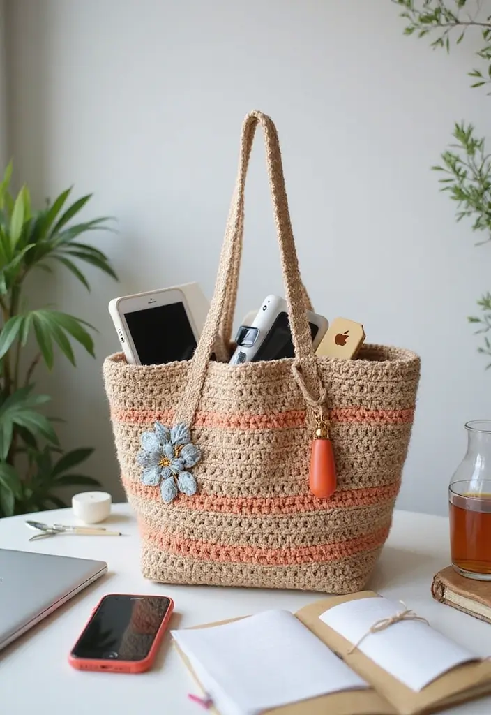 30 Chic DIY Crochet Tote Bags Free Patterns with Step-by-Step Image Guides - 28. The Tech-Friendly Tote