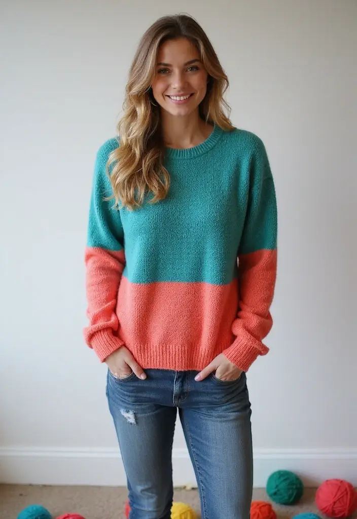 30 Cozy & Warm Crochet Sweater Patterns Free with Color Ideas - 13. The Color Block Sweater