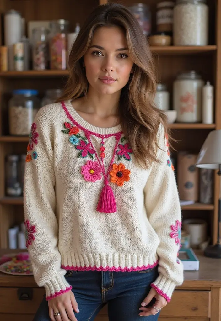 30 Cozy & Warm Crochet Sweater Patterns Free with Color Ideas - 20. The Embellished Sweater