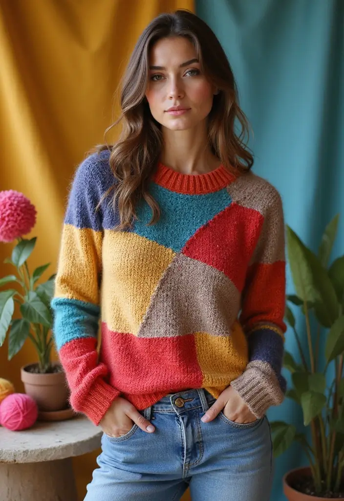 30 Cozy & Warm Crochet Sweater Patterns Free with Color Ideas - 22. The Patchwork Sweater