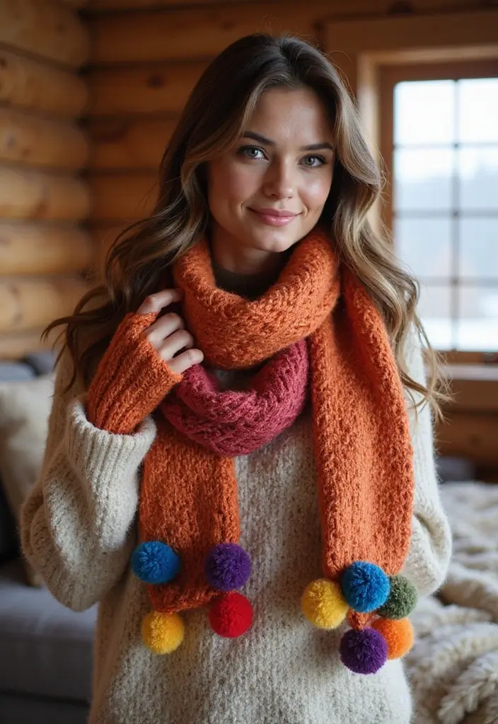30 Cozy Winter Styles with Crochet Scarf Pattern Free Step Photos - 11. Pompom Scarf