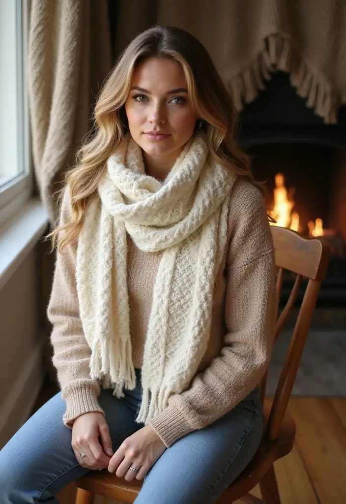 30 Cozy Winter Styles with Crochet Scarf Pattern Free Step Photos - 13. Waffle Stitch Scarf