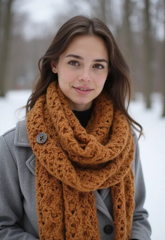 30 Cozy Winter Styles with Crochet Scarf Pattern Free Step Photos - 14. Crochet Scarf with Button Closure