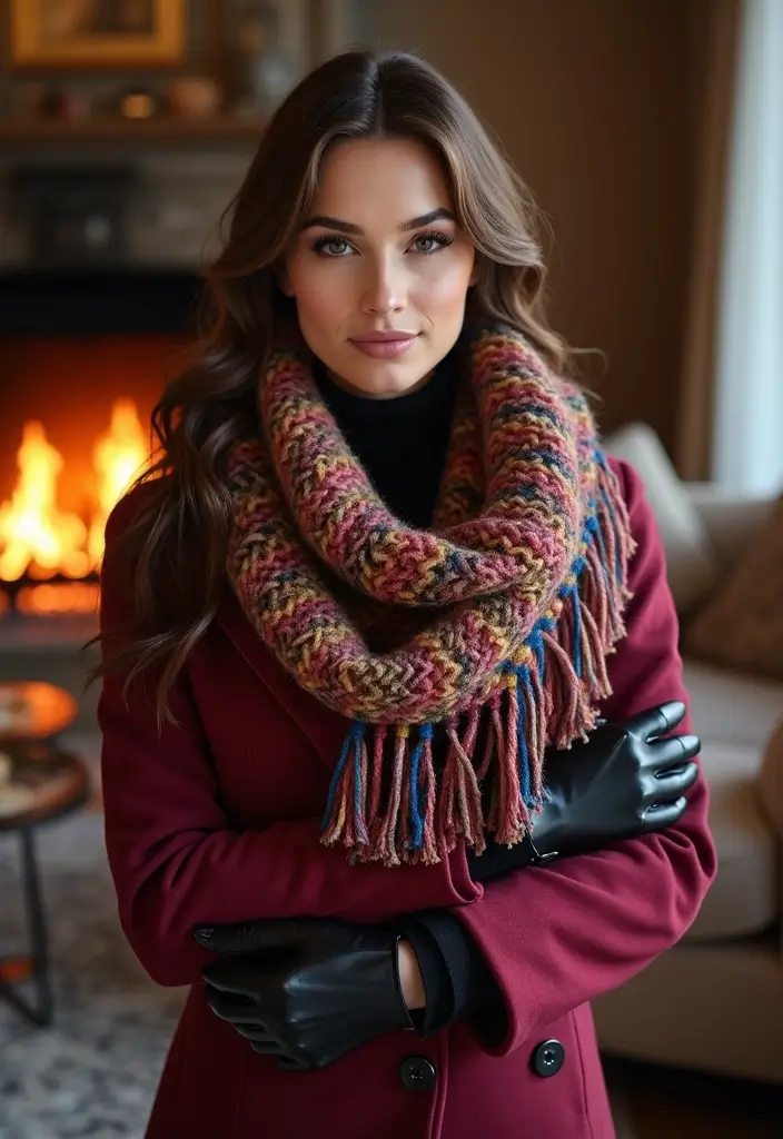30 Cozy Winter Styles with Crochet Scarf Pattern Free Step Photos - 2. Infinity Scarf with Fringe