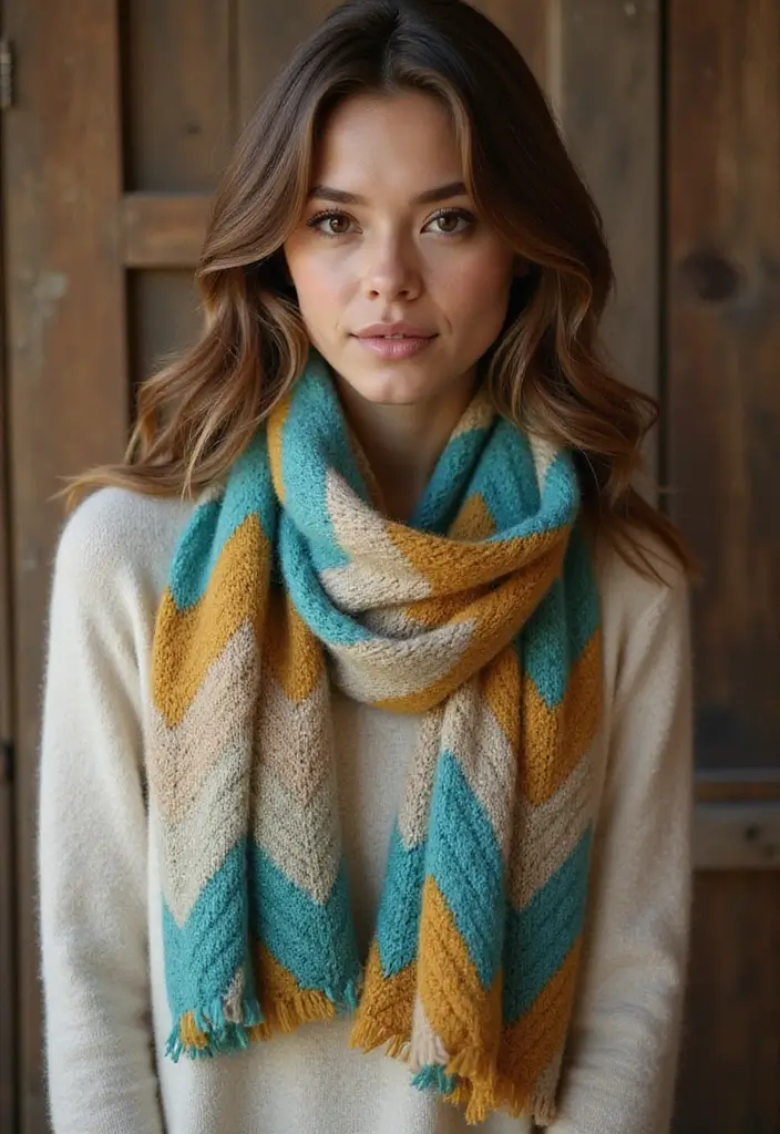 30 Cozy Winter Styles with Crochet Scarf Pattern Free Step Photos - 22. Chevron Pattern Scarf