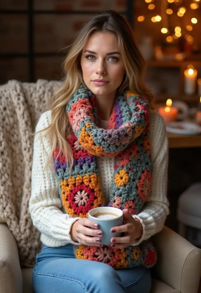 30 Cozy Winter Styles with Crochet Scarf Pattern Free Step Photos - 3. Simple Granny Square Scarf