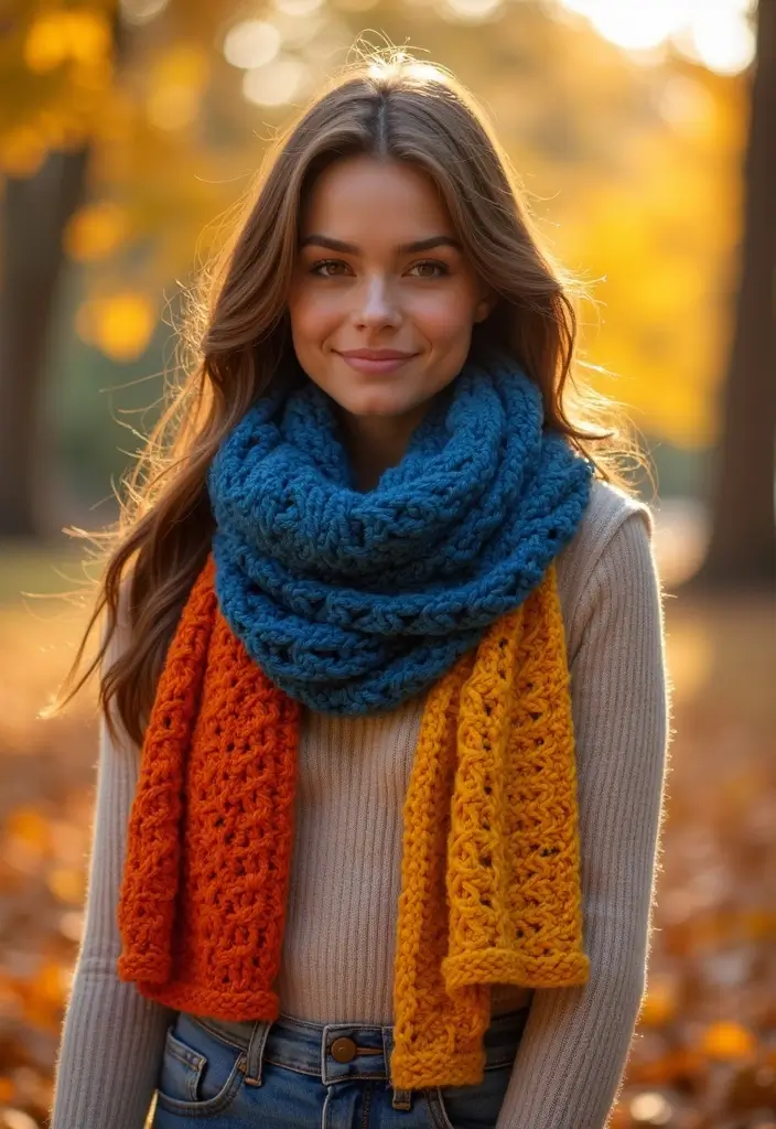 30 Cozy Winter Styles with Crochet Scarf Pattern Free Step Photos - 6. Color-Block Scarf