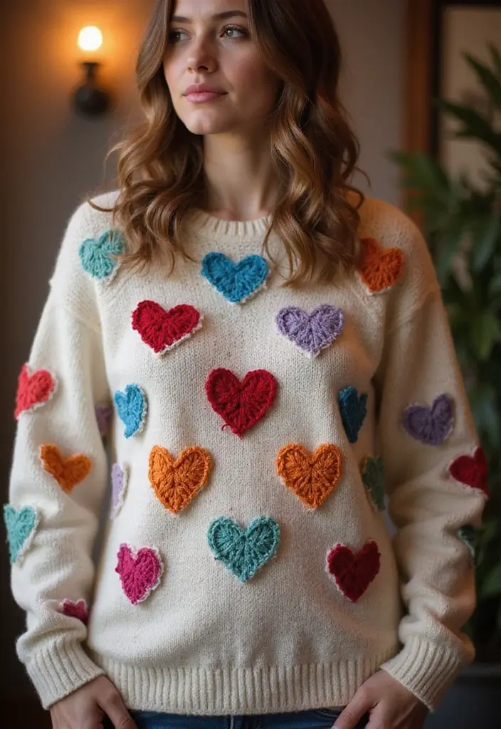 30 Creative Valentine Ideas with How to Crochet a Heart - 17. Heart Sweater Patches