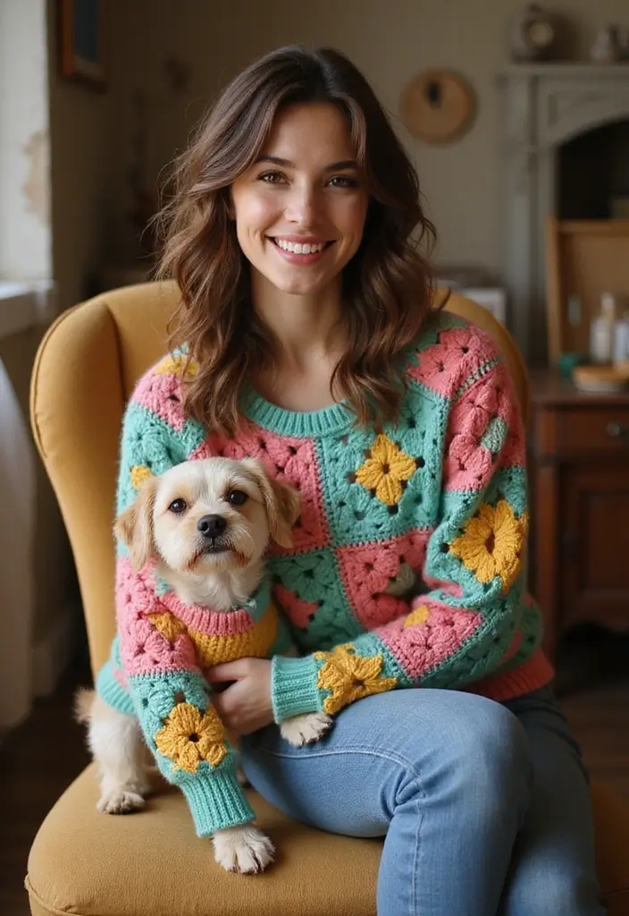 30 Cute Pet Looks: Crochet Dog Sweater Free Pattern Ideas You Can Try Today - 15. Retro Granny Square Sweater