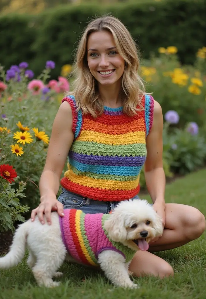 30 Cute Pet Looks: Crochet Dog Sweater Free Pattern Ideas You Can Try Today - 3. Rainbow Stripes Delight
