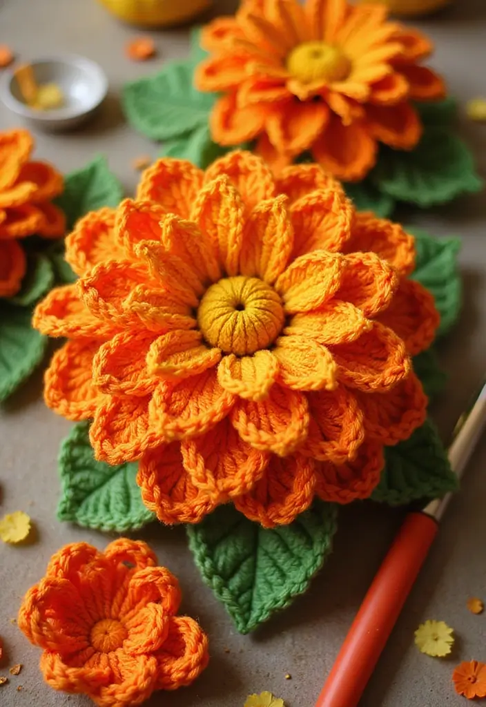 30 Gorgeous Floral Tutorials: How to Crochet a Flower Step-by-Step Photos - 13. Bright and Cheerful Marigold