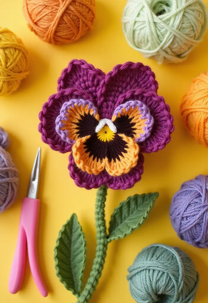 30 Gorgeous Floral Tutorials: How to Crochet a Flower Step-by-Step Photos - 3. Whimsical Pansy Design