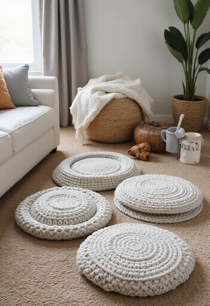 30 Home Decor Projects Using Crochet Coasters: Embrace Eco-Friendly Style - 30. Comfortable Floor Cushions