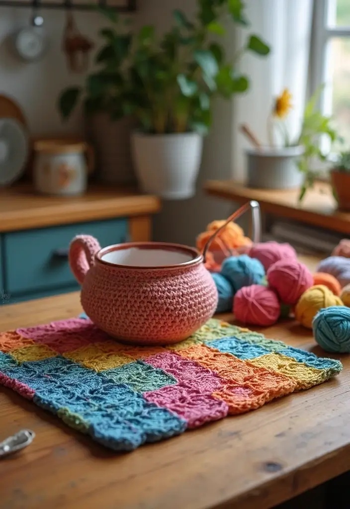 30 Kitchen-Ready Crochet Pot Holders Free Pattern with Modern and Vintage Styles - 30. Colorful Patchwork Square Crochet Pot Holder
