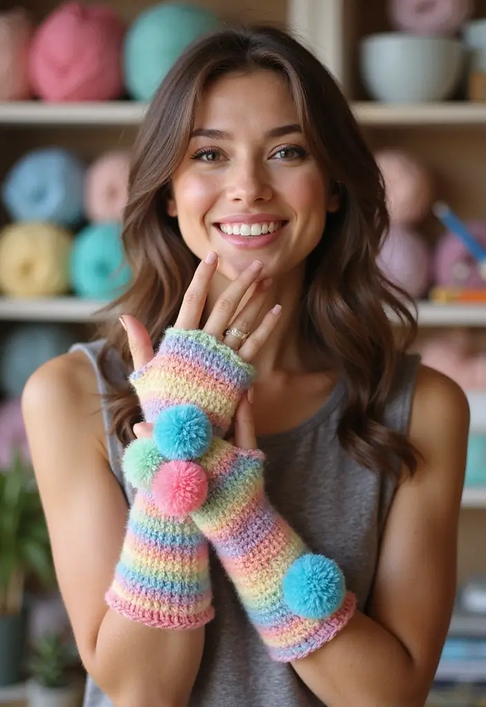 30 Warm & Stylish Crochet Fingerless Gloves Free Pattern - 14. Playful Pom Poms