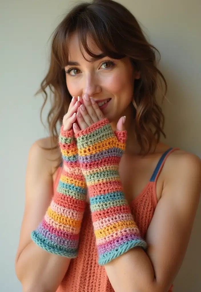 30 Warm & Stylish Crochet Fingerless Gloves Free Pattern - 2. Striped Delight