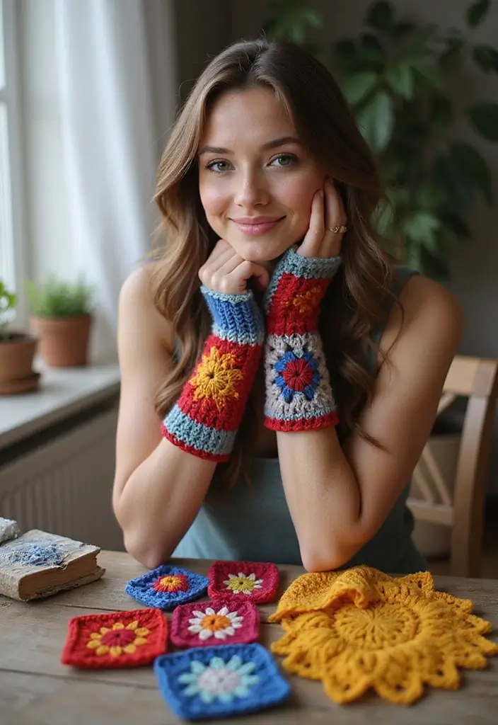 30 Warm & Stylish Crochet Fingerless Gloves Free Pattern - 3. Granny Square Gloves