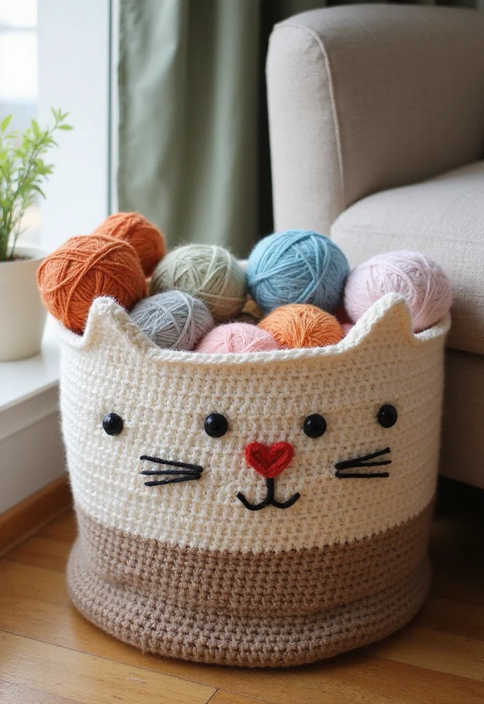 Cat Crochet Pattern Free: Friendly Guide for Crafting Cute Cats with 22 Creative Examples - 19. Cat Storage Basket