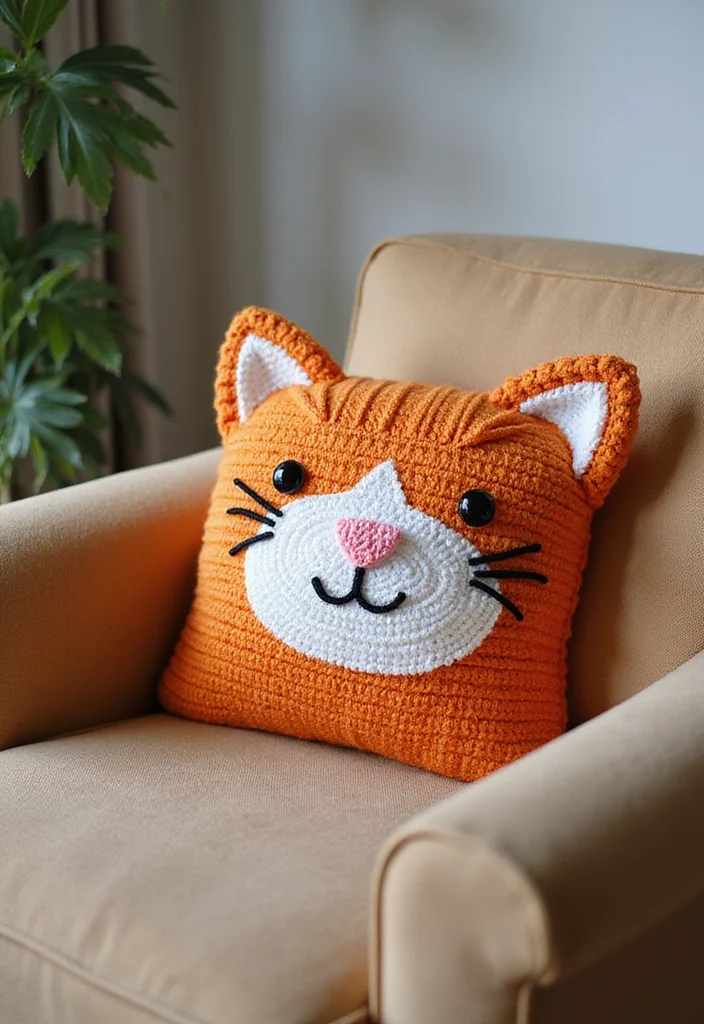Cat Crochet Pattern Free: Friendly Guide for Crafting Cute Cats with 22 Creative Examples - 7. Cat-Themed Pillow