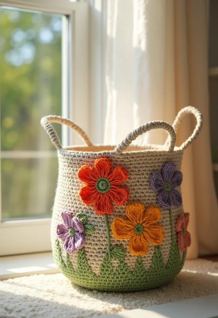 Crochet Basket Pattern Free: How to Make Practical and Stylish Baskets with 22 Visual Examples - 14. Crochet Basket with Appliqué: Adding a Personal Touch