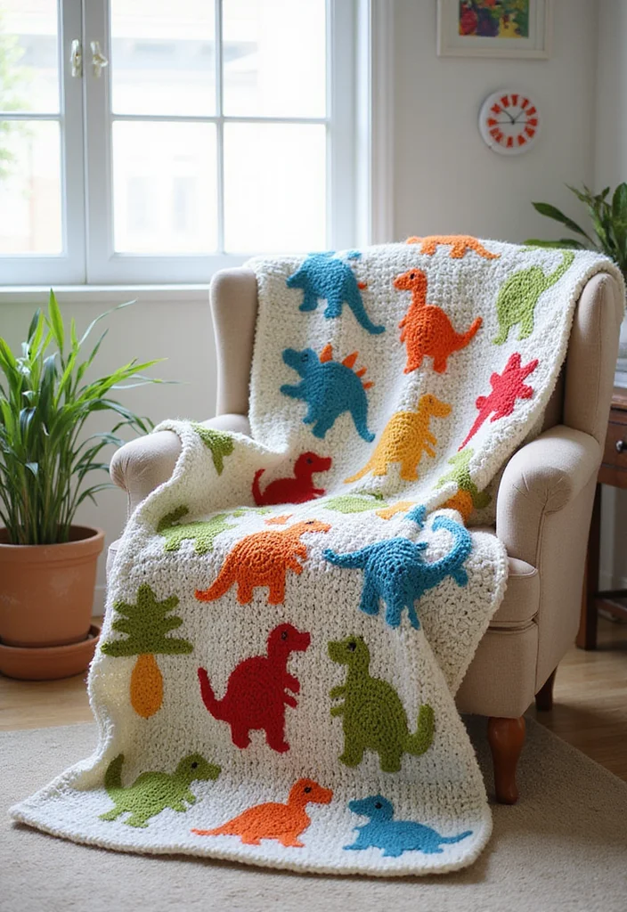 Crochet Dinosaur Pattern Free: Fun Guide for Prehistoric Projects with 22 Cute Designs - 16. Dino-Themed Throw Blanket