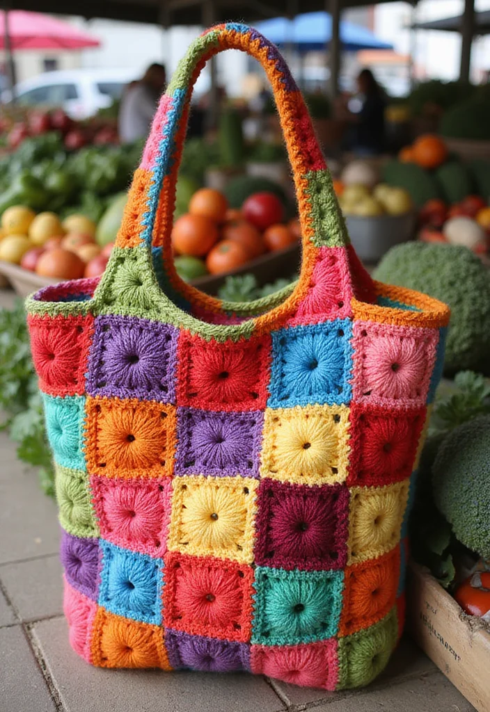 Crochet Granny Square Bag: A Friendly Guide to Creating Charming Bags with 22 Creative Designs - 3. Market Day Tote Bag