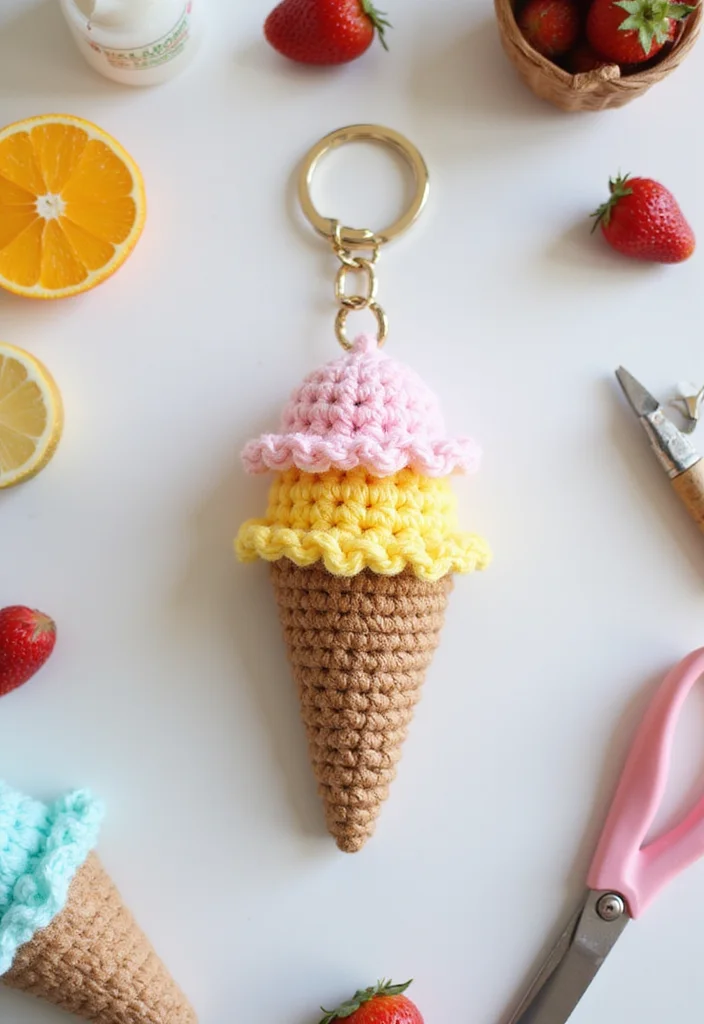 Crochet Keychain Pattern Free: Step-by-Step Guide to Charming Keychains with 22 Ideas - 20. Ice Cream Cone Keychain