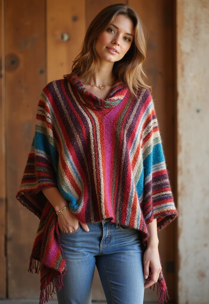 Crochet Poncho Free Pattern: Easy Guide to Chic Ponchos with 22 Lovely Variations - 7. Striped Poncho