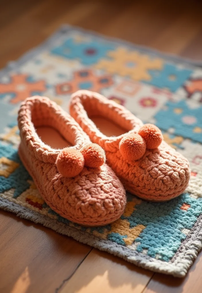 Crochet Slippers Free Pattern: Step-by-Step Guide to Cozy Footwear with 22 Creative Designs - 15. Pom-Pom Slippers
