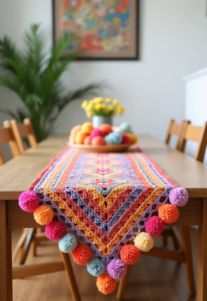 Crochet Table Runner Pattern: Step-by-Step Guide to Stylish Table Decor with 22 Inspiring Examples - 7. Playful Pom-Pom Runner